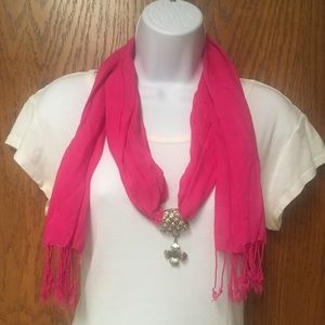 Floral Silver & Rhinestone Sunflower Pendant on a Hot Pink scarf